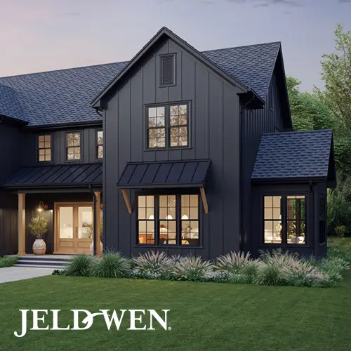 Black board-and-batten farmhouse with black-framed windows and JELD-WEN logo